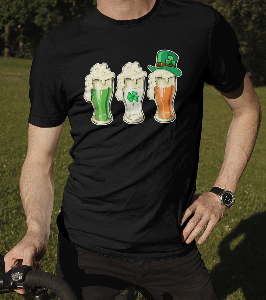 Irish Flag Beer Glasses With Shamrock And Leprechaun Hat T-Shirt