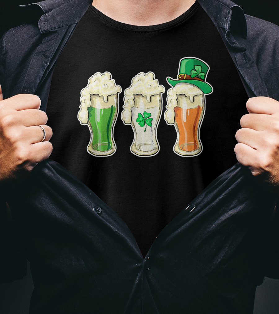 Irish Flag Beer Glasses With Shamrock And Leprechaun Hat T-Shirt