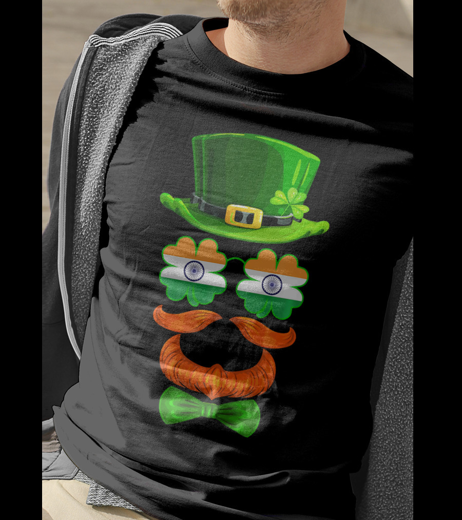India Flag Shamrock Leprechaun Green Hat Orange Mustache Bow Tie T-Shirt