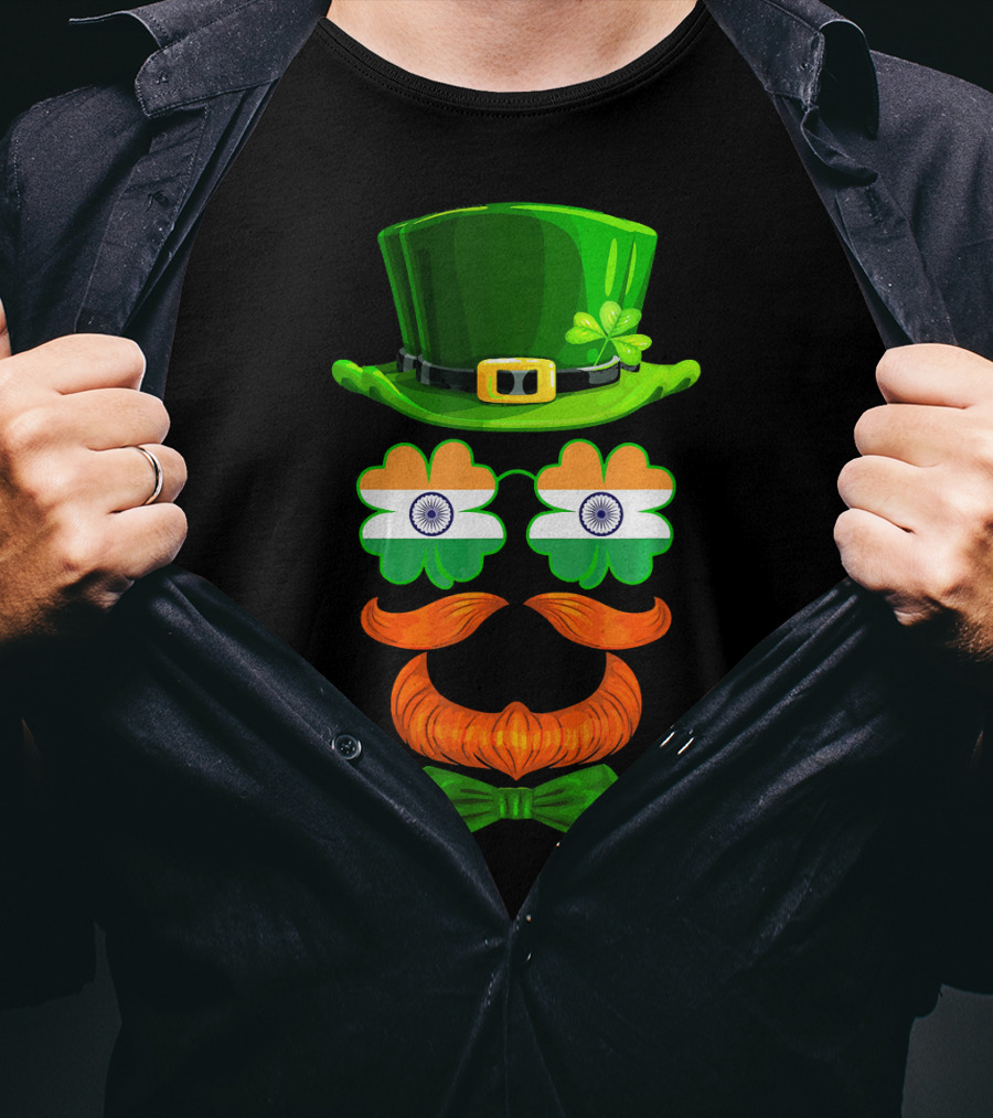 India Flag Shamrock Leprechaun Green Hat Orange Mustache Bow Tie T-Shirt