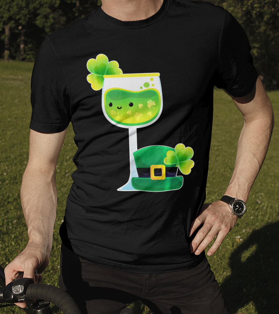 Saint Patrick's Day Green Shamrock Wine Glass With Leprechaun Hat T-Shirt