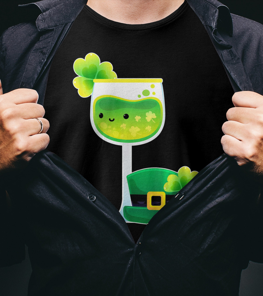 Saint Patrick's Day Green Shamrock Wine Glass With Leprechaun Hat T-Shirt