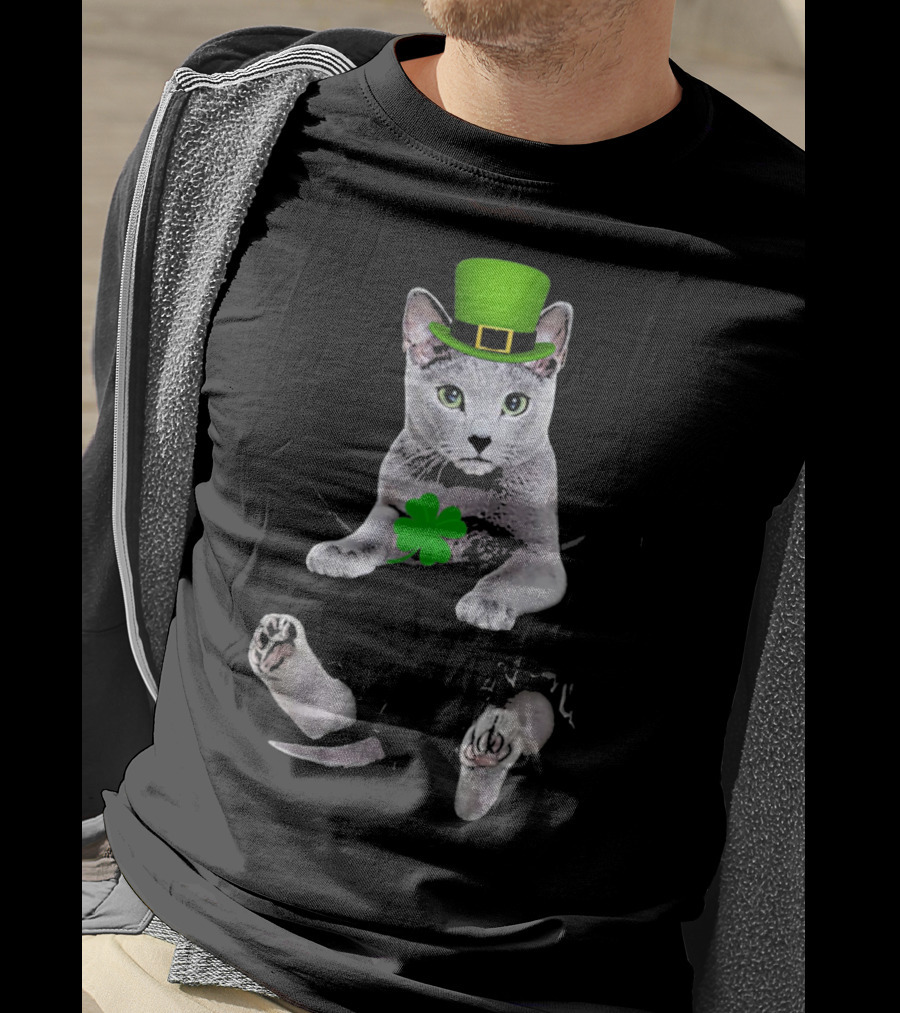 St Patricks Day Russian Blue Cat With Shamrock And Green Hat T-Shirt