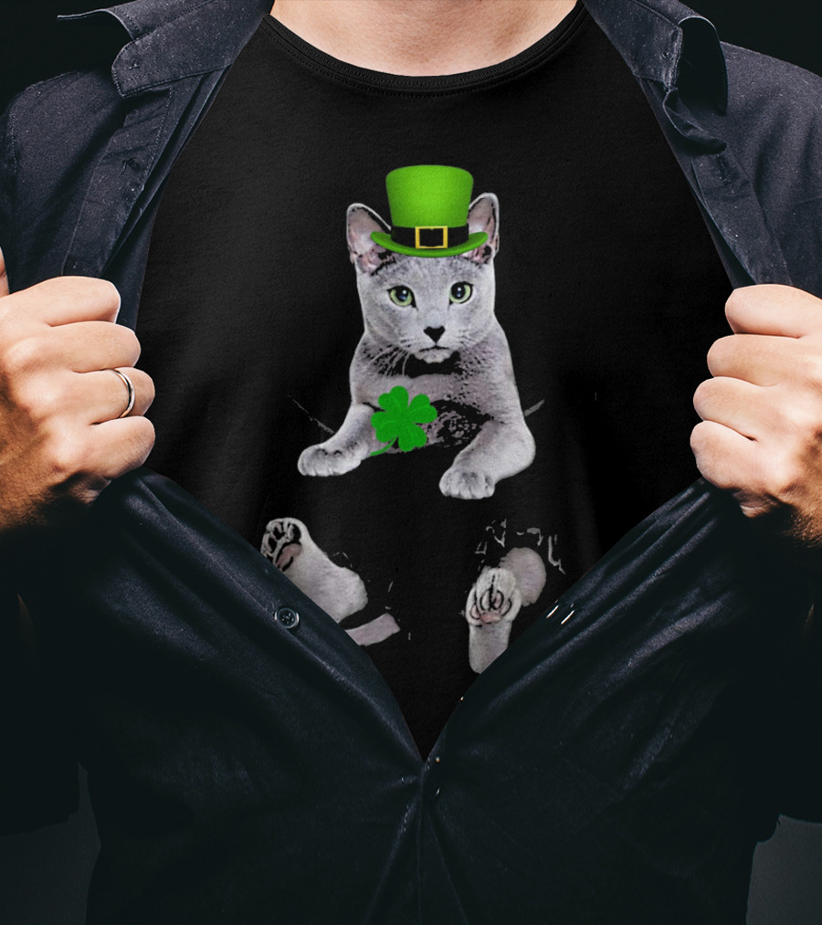 St Patricks Day Russian Blue Cat With Shamrock And Green Hat T-Shirt