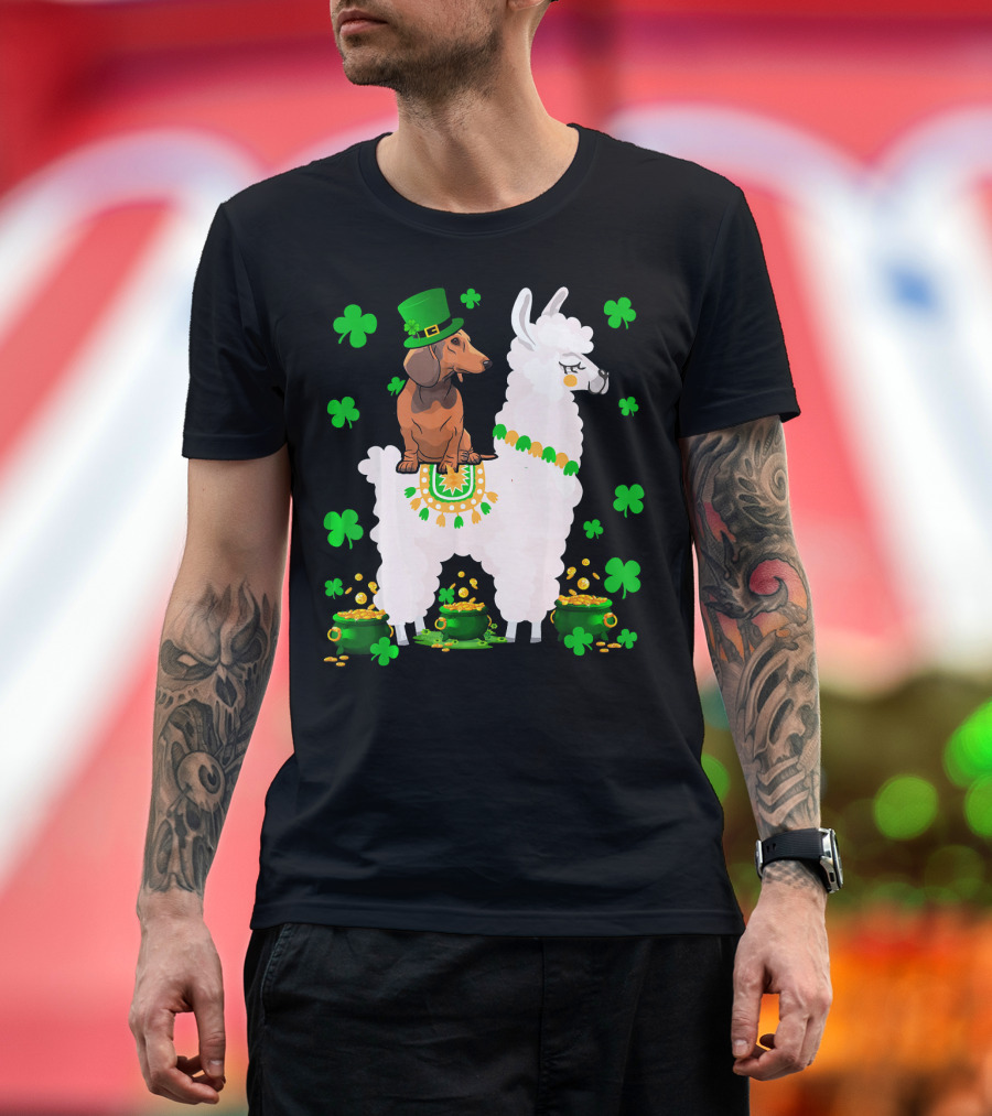 Leprechaun Dachshund Riding Llama Shamrocks Pots of Gold T-Shirt