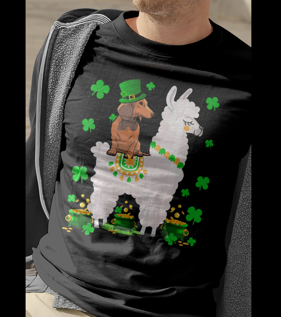 Leprechaun Dachshund Riding Llama Shamrocks Pots Of Gold T-Shirt