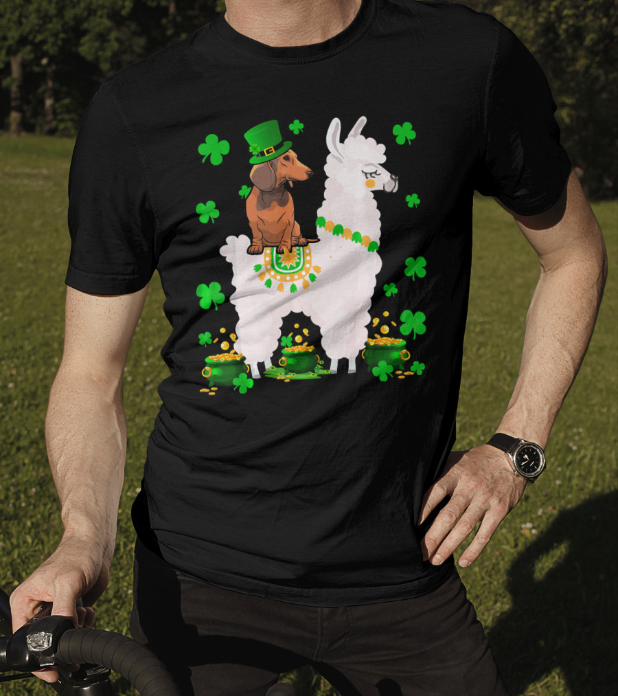 Leprechaun Dachshund Riding Llama Shamrocks Pots Of Gold T-Shirt