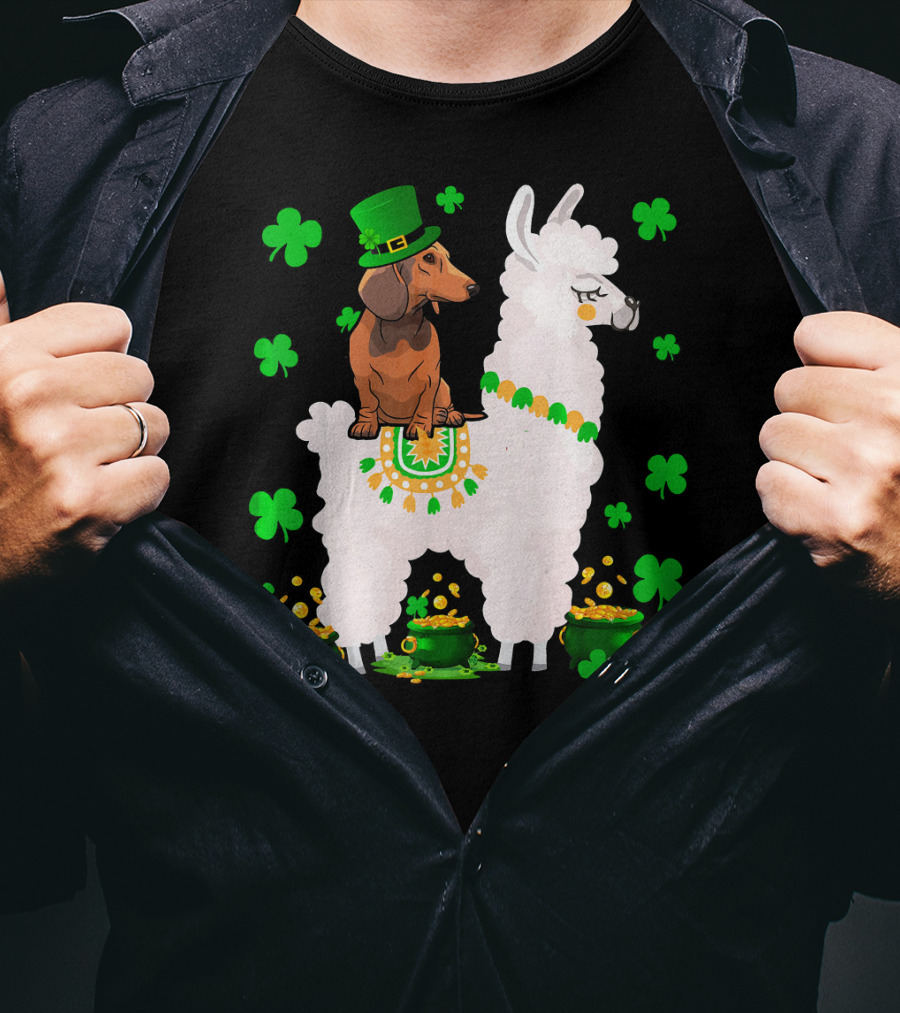 Leprechaun Dachshund Riding Llama Shamrocks Pots Of Gold T-Shirt