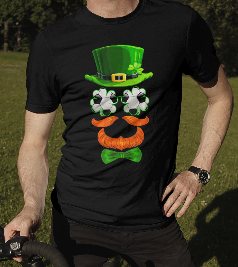 Leprechaun Hat With Soccer Ball Shamrock Glasses And Clover Bowtie T-Shirt