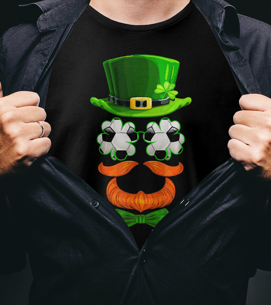 Leprechaun Hat With Soccer Ball Shamrock Glasses And Clover Bowtie T-Shirt