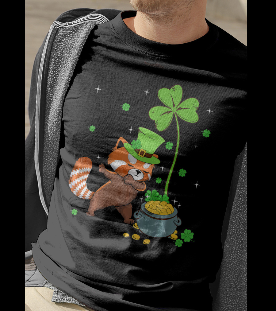Shamrock Leprechaun Red Panda Pot Of Gold St Patrick's Day T-Shirt