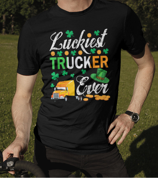 Luckiest Trucker Ever Shamrocks Leprechaun Hat And Coins T-Shirt