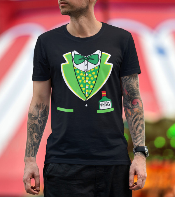 Premium T-Shirt: St Patricks Day Tuxedo Costume with Shamrock Vest and Whisky Flask T-Shirt St Patricks Day Tuxedo Costume with Shamrock Vest and Whisky Flask T-Shirt