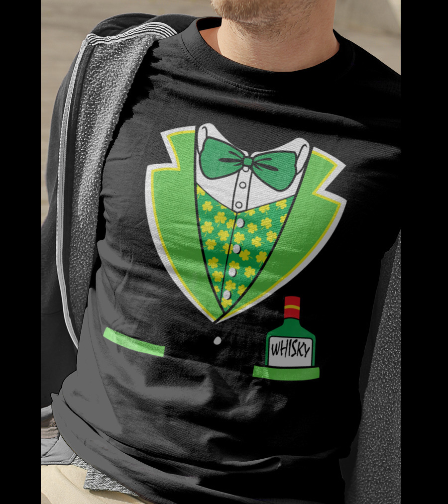 St Patricks Day Tuxedo Costume With Shamrock Vest And Whisky Flask T-Shirt