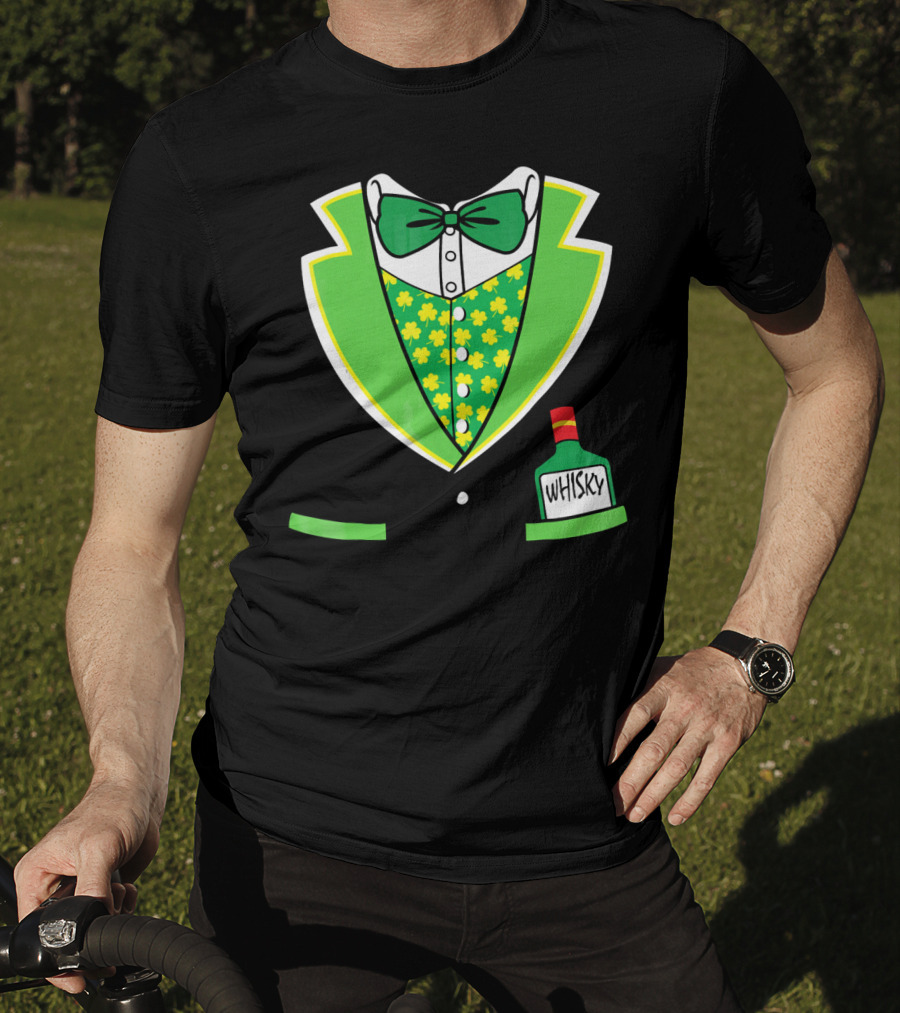 St Patricks Day Tuxedo Costume With Shamrock Vest And Whisky Flask T-Shirt