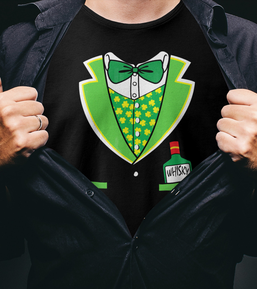 St Patricks Day Tuxedo Costume With Shamrock Vest And Whisky Flask T-Shirt