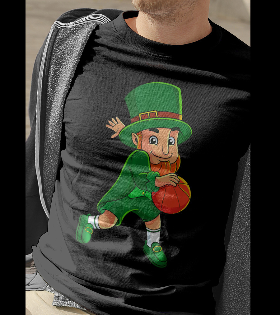 Leprechaun Basketball St Patricks Day Character In Green Outfit With Orange Ball T-Shirt