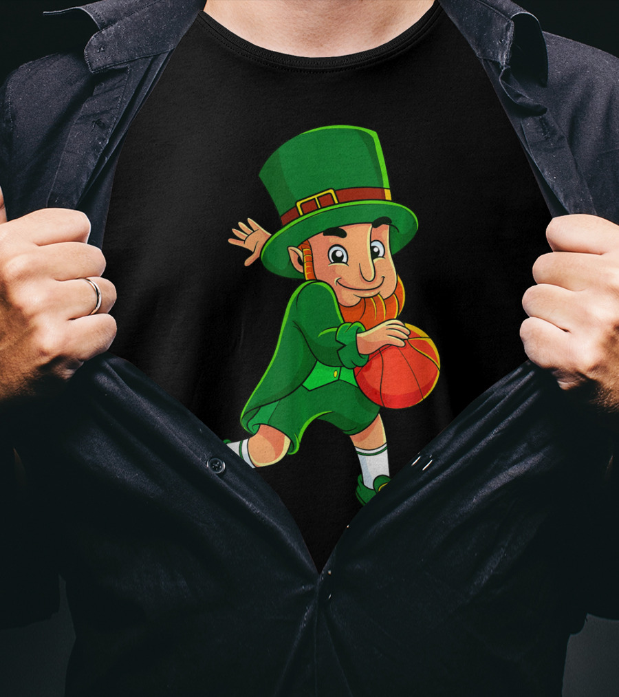 Leprechaun Basketball St Patricks Day Character In Green Outfit With Orange Ball T-Shirt