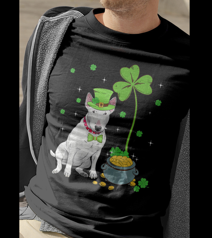 Shamrock Leprechaun Bull Terrier Pot Of Gold And Clover T-Shirt