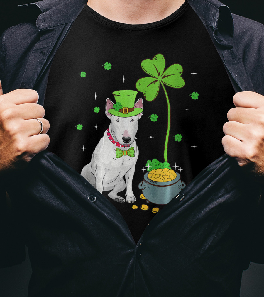 Shamrock Leprechaun Bull Terrier Pot Of Gold And Clover T-Shirt