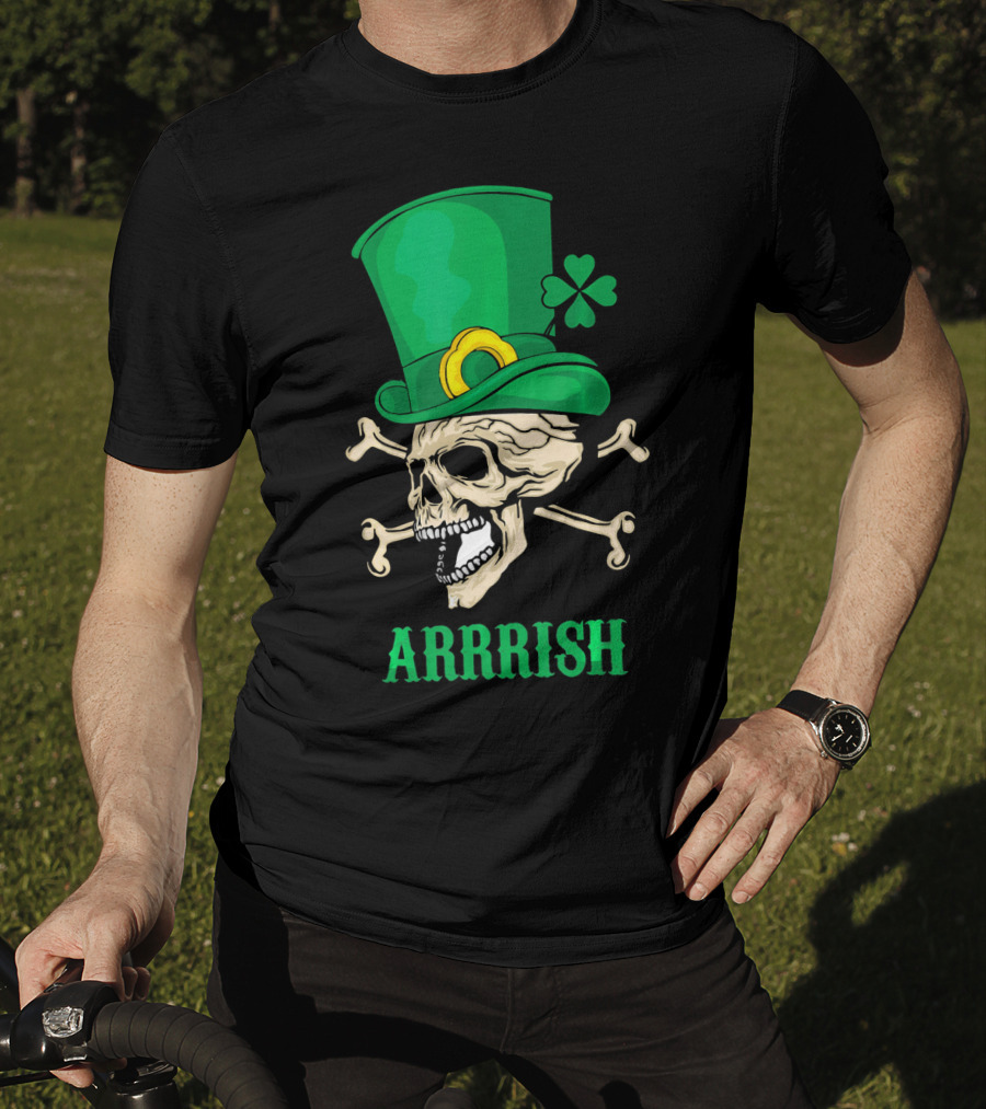 Arrrish Pirate Skull With Leprechaun Hat And Shamrock T-Shirt