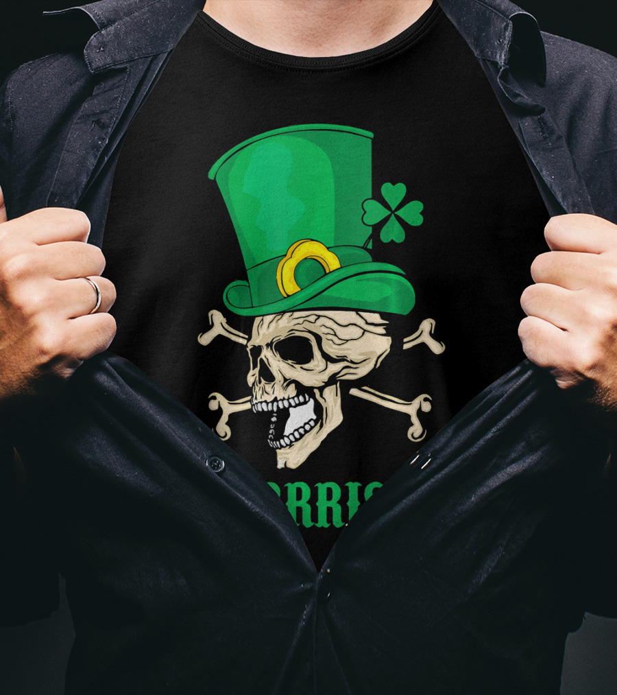 Arrrish Pirate Skull With Leprechaun Hat And Shamrock T-Shirt