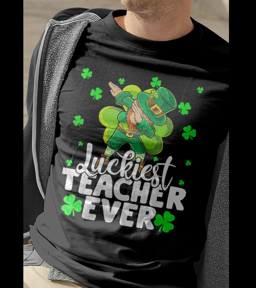 Luckiest Teacher Ever Leprechaun Dabbing With Shamrocks T-Shirt