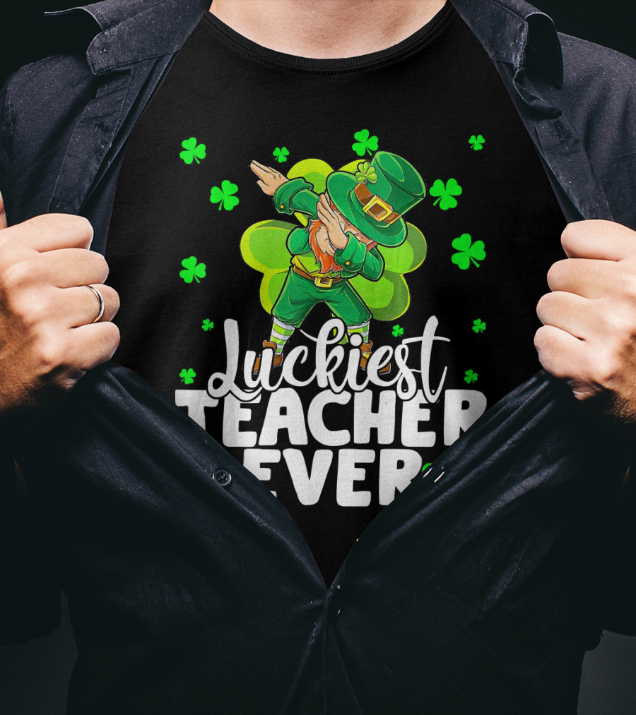 Luckiest Teacher Ever Leprechaun Dabbing With Shamrocks T-Shirt
