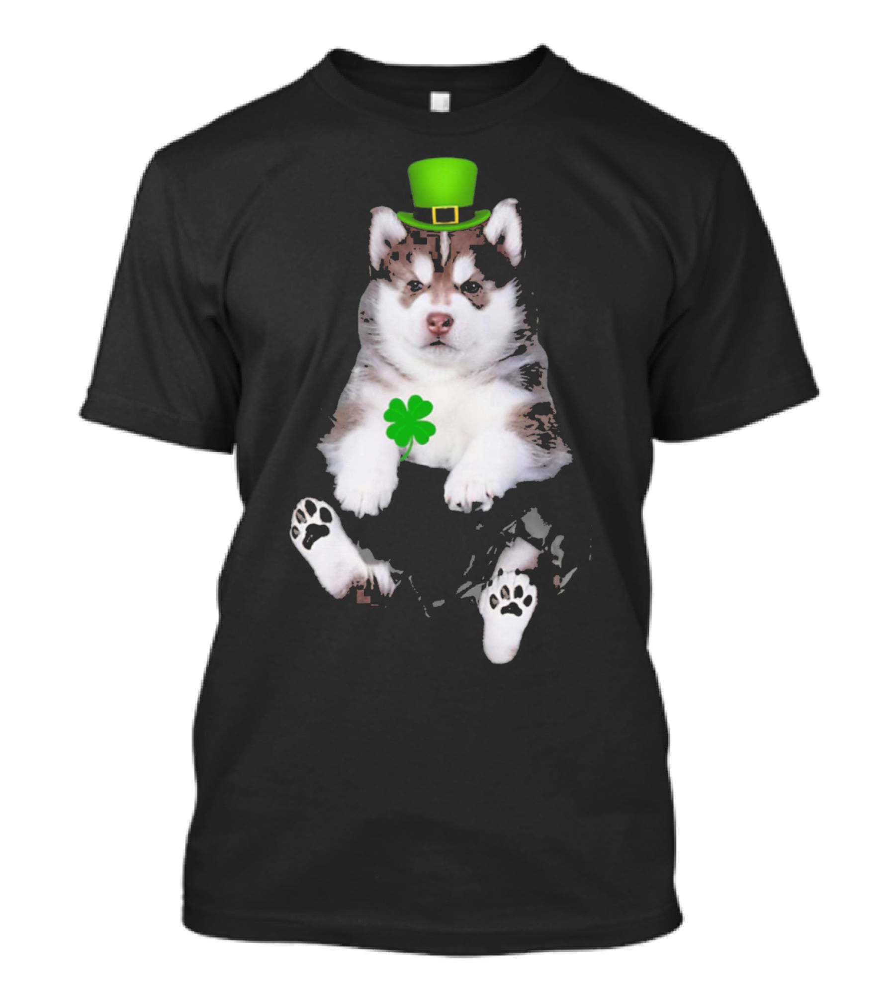 St Patricks Day Husky Puppy Shamrock Hat Paw Prints T-Shirt