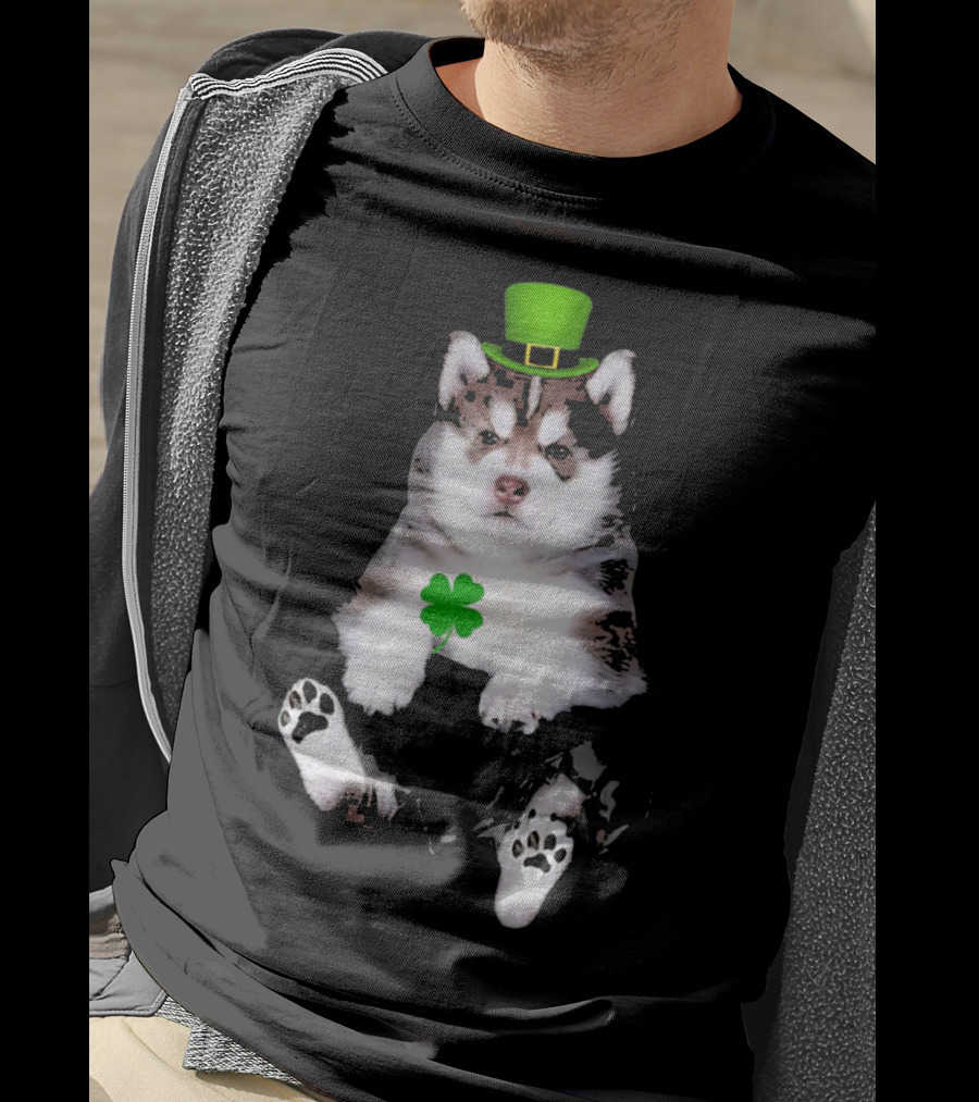 St Patricks Day Husky Puppy Shamrock Hat Paw Prints T-Shirt