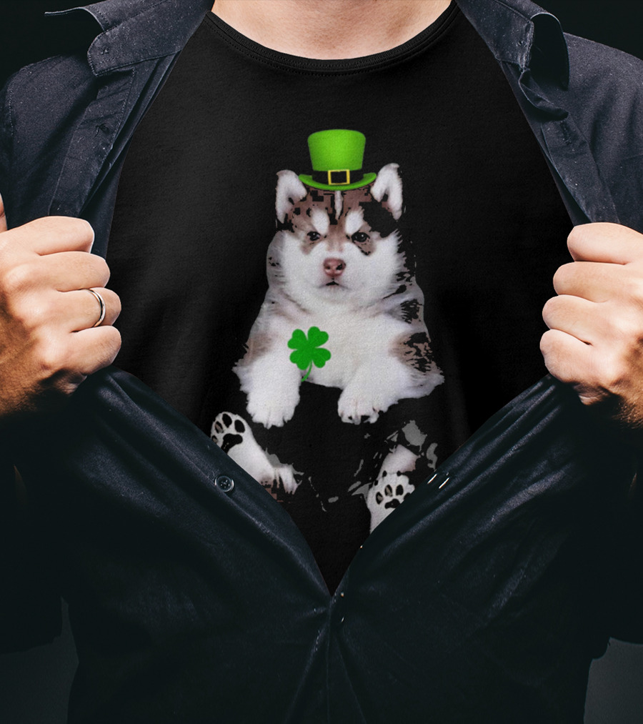 St Patricks Day Husky Puppy Shamrock Hat Paw Prints T-Shirt