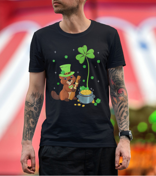 Premium T-Shirt: Shamrock-Leprechaun Beaver with Pot of Gold and Clover for St Patricks T-Shirt Shamrock-Leprechaun Beaver with Pot of Gold and Clover for St Patricks T-Shirt