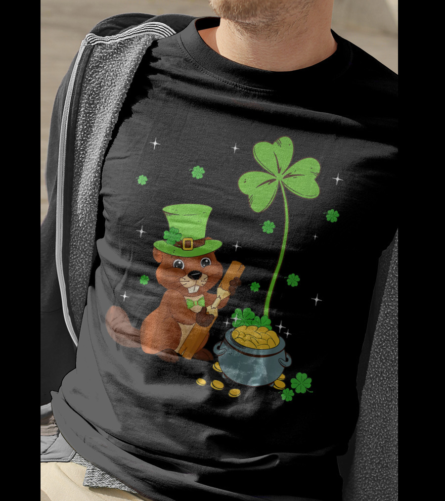 Shamrock-Leprechaun Beaver With Pot Of Gold And Clover For St Patricks T-Shirt