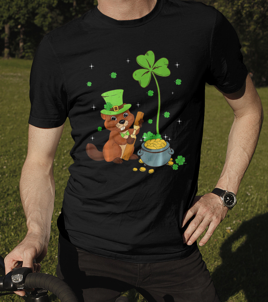 Shamrock-Leprechaun Beaver With Pot Of Gold And Clover For St Patricks T-Shirt