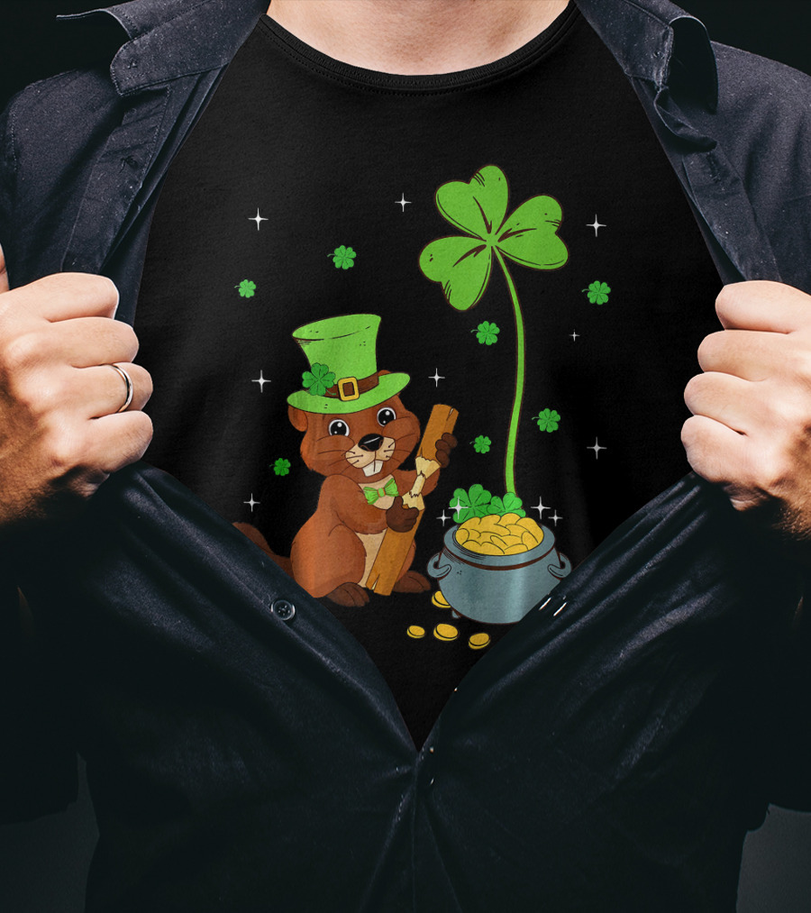 Shamrock-Leprechaun Beaver With Pot Of Gold And Clover For St Patricks T-Shirt