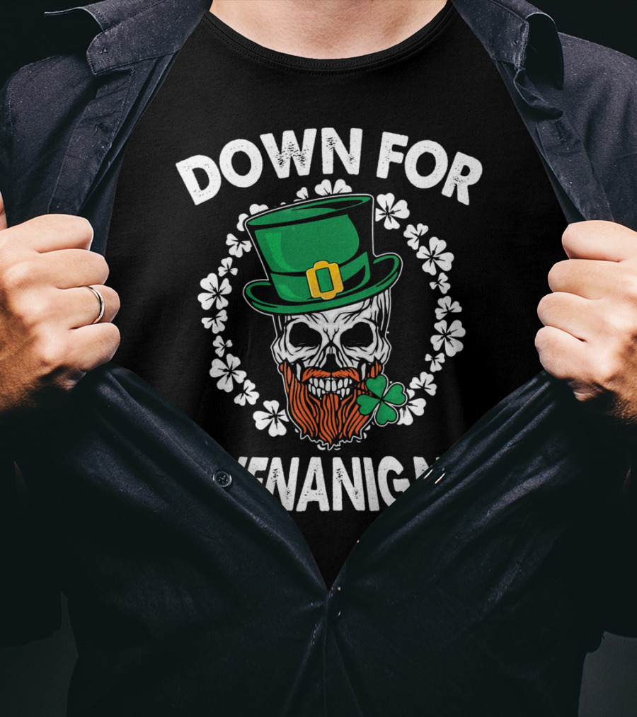 Down For Shenanigan Pirate Leprechaun Skull Shamrocks T-Shirt