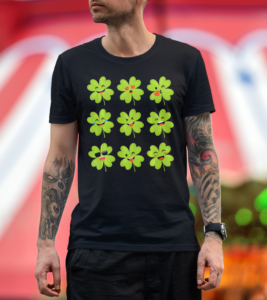 Four Leaf Clover Emojis Funny Saint Patrick's Day Smiley Faces T-Shirt