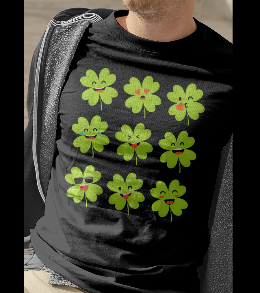 Four Leaf Clover Emojis Funny Saint Patrick's Day Smiley Faces T-Shirt