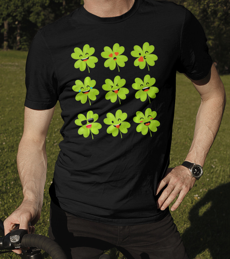 Four Leaf Clover Emojis Funny Saint Patrick's Day Smiley Faces T-Shirt
