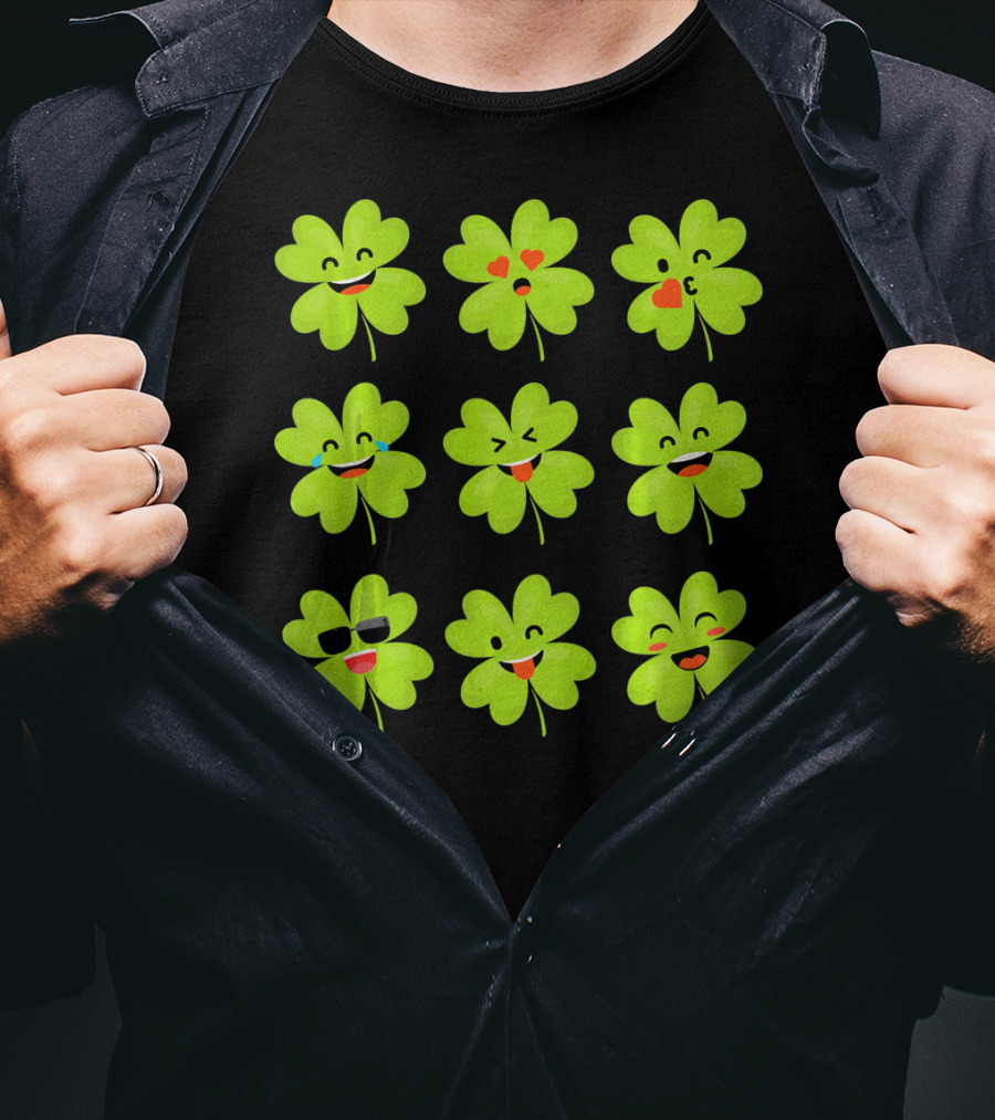 Four Leaf Clover Emojis Funny Saint Patrick's Day Smiley Faces T-Shirt