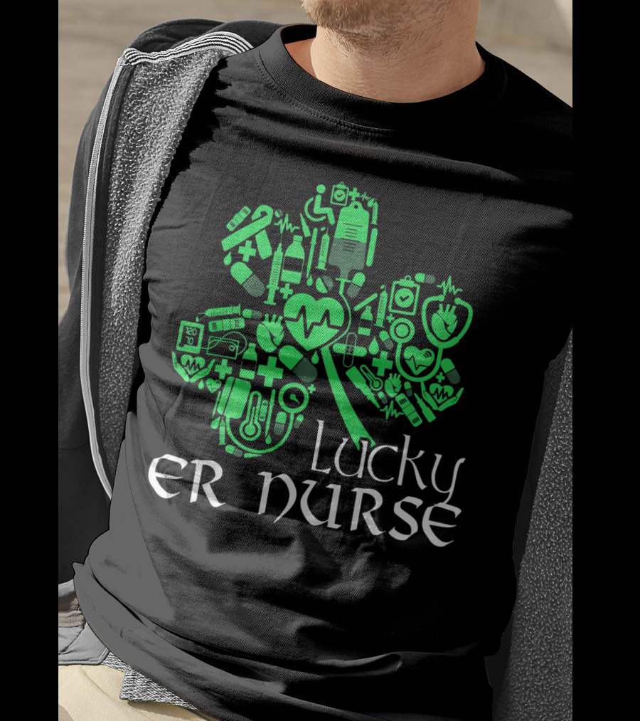 St Patricks Day Shamrock Lucky ER Nurse Medical Icons T-Shirt