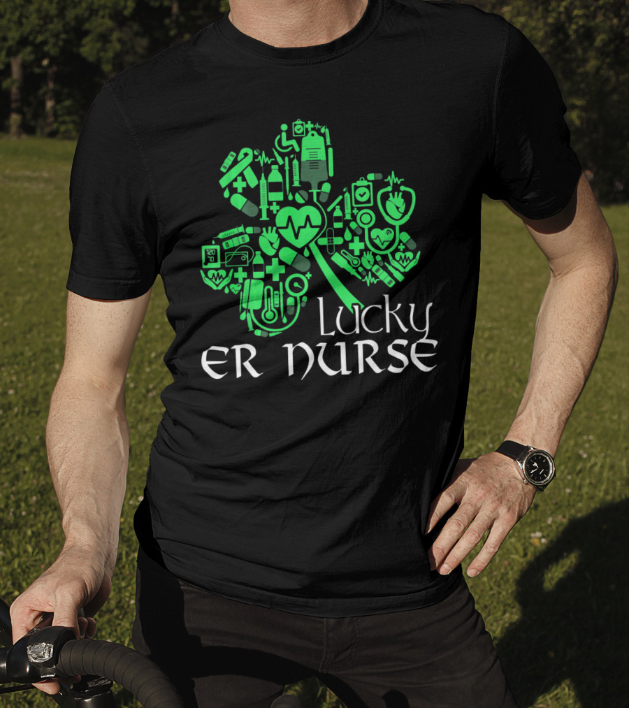 St Patricks Day Shamrock Lucky ER Nurse Medical Icons T-Shirt