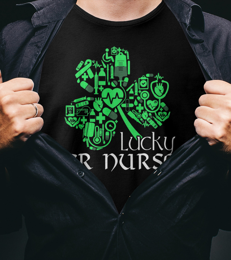 St Patricks Day Shamrock Lucky ER Nurse Medical Icons T-Shirt