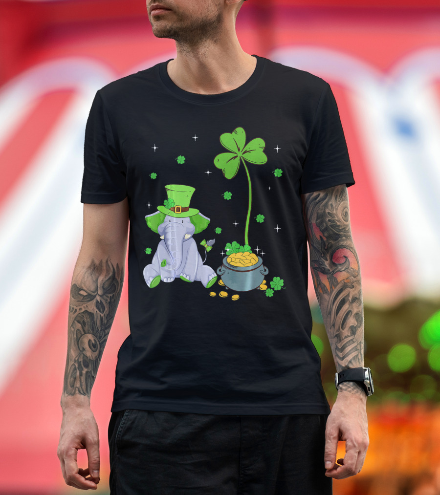 Shamrock Leprechaun Elephant St Patricks Pot of Gold T-Shirt