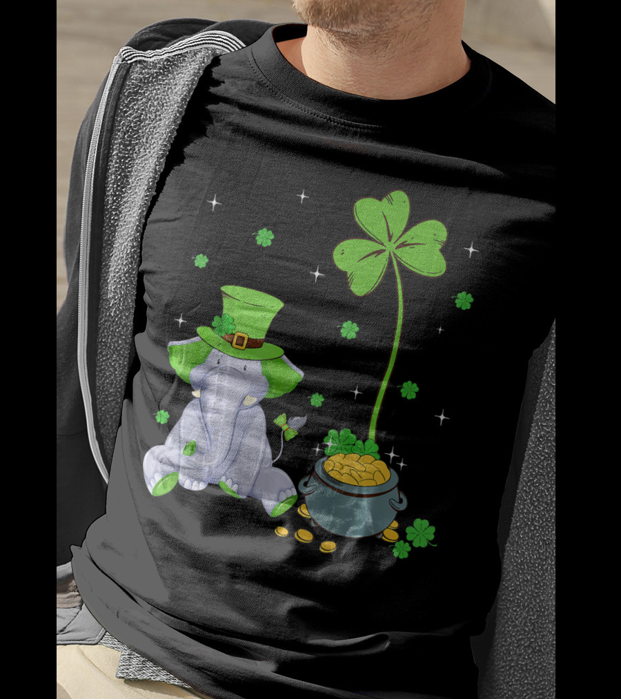 Shamrock Leprechaun Elephant St Patricks Pot Of Gold T-Shirt