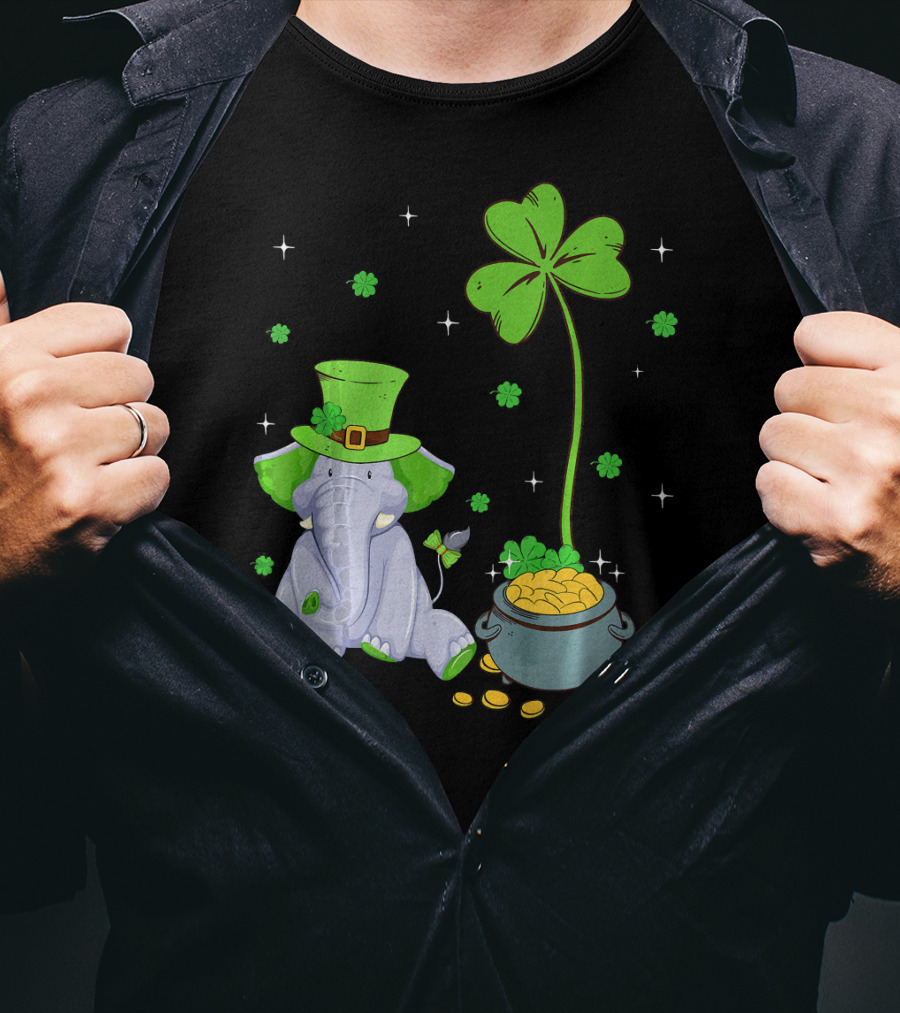 Shamrock Leprechaun Elephant St Patricks Pot Of Gold T-Shirt