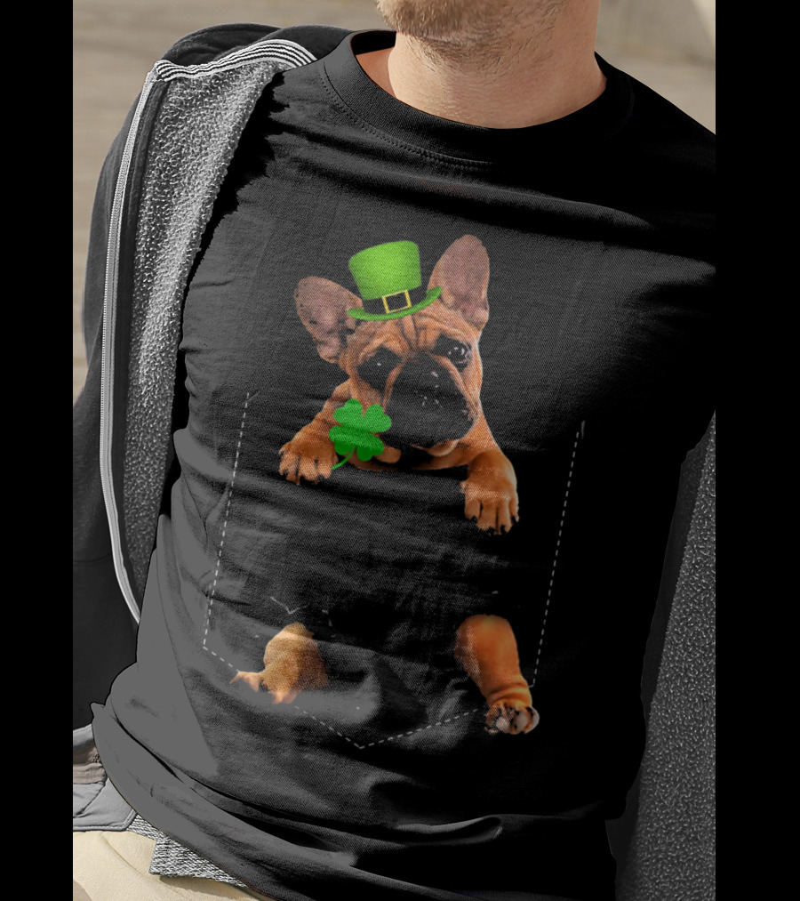 French Bulldog With Shamrock And Leprechaun Hat For St Patricks Day T-Shirt
