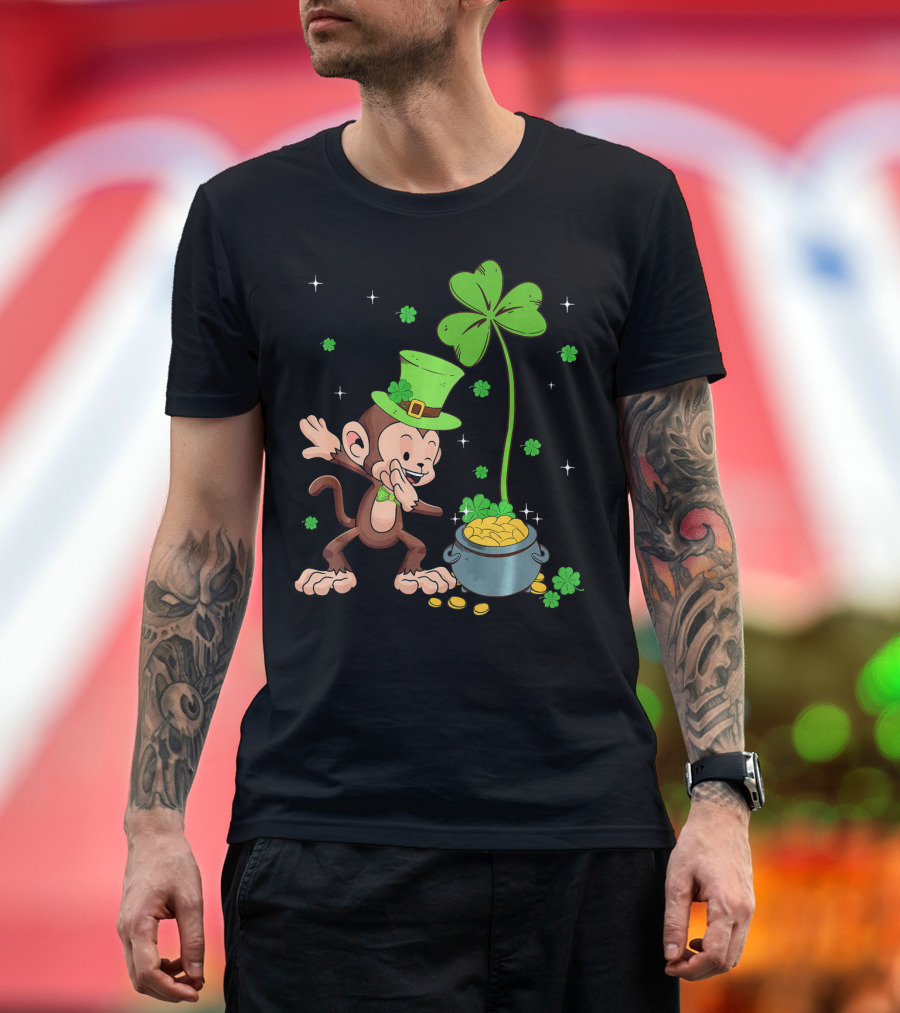Shamrock Leprechaun Monkey with Pot of Gold St Patricks T-Shirt
