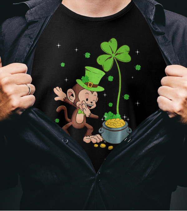 Shamrock Leprechaun Monkey With Pot Of Gold St Patricks T-Shirt