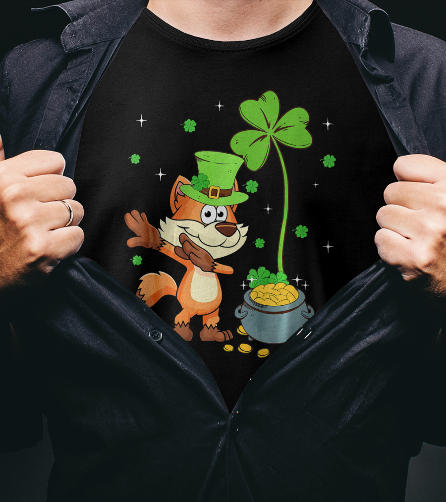 Shamrock Leprechaun Fox With Clover And Pot Of Gold T-Shirt